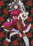  1girl ahoge animal_ears black_hair blush boots bracelet breasts brown_pantyhose bun_cover china_dress chinese_clothes chun-li cosplay double_bun dress flower hair_between_eyes hair_bun hair_ornament highres horse_ears horse_girl horse_tail jewelry kitasan_black_(umamusume) large_breasts looking_at_viewer multicolored_hair open_mouth pantyhose pelvic_curtain pink_dress red_eyes red_flower red_rose riiko25chan rose sash short_hair smile solo spiked_bracelet spikes streaked_hair street_fighter studded_bracelet tail thick_thighs thighs umamusume white_boots 