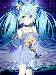  blue_dress blue_eyes blue_gloves blue_hair blue_ribbon breasts cleavage collarbone detached_sleeves dress eyebrows eyebrows_visible_through_hair fingerless_gloves gloves hair_ornament hair_ribbon hairclip hatsune_miku highres long_hair looking_at_viewer neck_ribbon pdxen ribbon see-through sitting small_breasts snowflake_hair_ornament solo star star_hair_ornament star_night_snow_(vocaloid) striped striped_ribbon thigh_strap twintails vocaloid yuki_miku 