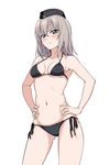  ass_visible_through_thighs bikini black_bikini blue_eyes blush breasts cowboy_shot frown garrison_cap girls_und_panzer halter_top halterneck hands_on_hips hat highres hiroyuki itsumi_erika long_hair looking_at_viewer navel revision serious side-tie_bikini silver_hair simple_background small_breasts solo swimsuit white_background 