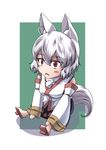  :&lt; ahoge animal_ears bare_shoulders blush_stickers breasts chibi detached_sleeves geta highres inubashiri_momiji kouno_ibuki pom_pom_(clothes) red_eyes short_hair silver_hair sitting solo tail touhou wolf_ears wolf_tail 