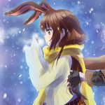  animal_ears bangs black_flower black_gloves black_rose blue_background breath brown_hair bunny_ears coco_adel enpera fingerless_gloves flower from_side gloves highres iesupa long_hair long_sleeves out_of_frame plaid profile rose rwby scarf sketch snowflakes snowing solo_focus sweater upper_body velvet_scarlatina yellow_scarf 