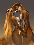 2016 anthro breasts canine duo eyes_closed female fox fur george_foxtail gradient_background hair hand_holding hug long_hair love male male/female mammal multicolored_fur nude orange_fur pinguinolog side_boob simple_background smile two_tone_fur 