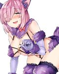  all_fours animal_costume animal_ears bare_shoulders blush breasts claws cleavage dangerous_beast elbow_gloves embarrassed fate/grand_order fate_(series) fur_trim gloves hair_over_one_eye halloween halloween_costume large_breasts mash_kyrielight md5_mismatch purple_eyes purple_hair revealing_clothes sabujiroko shiny shiny_hair short_hair smile solo sweatdrop tail thighhighs wolf_costume wolf_ears wolf_tail 