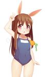  absurdres animal_ears arm_up brown_eyes brown_hair bunny_ears carrot christiana_(manager_i_c) covered_navel elin_(tera) glasses highres long_hair new_school_swimsuit one-piece_swimsuit open_mouth school_swimsuit smile solo swimsuit tera_online v 