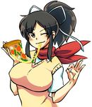  1girl asuka_(senran_kagura) black_hair blush breasts brown_eyes colorfag eating erect_nipples hair_ribbon large_breasts long_hair looking_at_viewer nyxondyx one_eye_closed pizza ponytail senran_kagura smile solo upper_body wink 