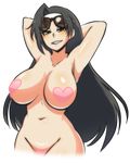  1girl black_hair blush breasts colorfag curvy grin heart_pasties jasmine_(senran_kagura) large_breasts long_hair looking_at_viewer navel nude nyxondyx pasties sayuri_(senran_kagura) senran_kagura smile solo wide_hips yellow_eyes 