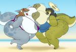  2016 anthro beach big_breasts big_butt big_lips big_nipples black_hair breasts brown_hair bumping butt clothing crocodile crocodilian female female/female fish hair hat huge_breasts huge_butt hyper hyper_breasts lips marine morbidly_obese nipples overweight reptile scalie seaside shark swimsuit thick_thighs vdisco voluptuous wide_hips 