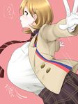  :o ? arms_behind_back beige_jacket bouncing_breasts breasts brown_eyes brown_hair foreshortening gigantic_breasts gloves hair_ornament hairclip highres jacket looking_at_viewer looking_to_the_side motion_lines narusawa_ryouka necktie occultic;nine open_clothes open_jacket outstretched_hand parted_lips pink_background plaid plaid_skirt profile shirt short_hair sideways_glance simple_background skirt solo striped striped_neckwear white_gloves white_shirt yue_(show-ei) 