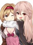  :d ;) amira_(shingeki_no_bahamut) bangs blonde_hair bow breasts brown_eyes cape cleavage closed_mouth djeeta_(granblue_fantasy) dress eyebrows eyebrows_visible_through_hair eyes_visible_through_hair fighter_(granblue_fantasy) granblue_fantasy hair_between_eyes heart hug long_hair long_sleeves looking_at_viewer looking_back medium_breasts multiple_girls nemun_(tamizzz) one_eye_closed open_mouth pink_bow pink_dress pink_hair red_eyes simple_background smile upper_body white_background 