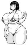  belly bikini breasts covered_nipples cropped_legs curvy greyscale highres huge_breasts leaning_forward looking_at_viewer monochrome navel plump short_hair simple_background skindentation solo swimsuit synecdoche thick_thighs thighs white_background 