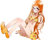  ass bikini brown_hair chidori_(@rom) frilled_bikini frills glasses long_hair looking_at_viewer open_mouth persona persona_5 sakura_futaba sandals sitting solo swimsuit very_long_hair 