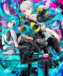  1girl alternate_costume aqua_hair chidori_(@rom) crossover dancing hatsune_miku long_hair narukami_yuu persona persona_4 persona_4:_dancing_all_night persona_dancing school_uniform silver_hair skirt smile twintails very_long_hair vocaloid 