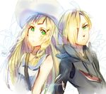  1girl bare_shoulders blonde_hair braid brother_and_sister gladio_(pokemon) green_eyes hair_over_one_eye hat highres kash-phia lillie_(pokemon) long_hair long_sleeves open_eyes pokemon pokemon_(game) pokemon_sm short_hair siblings sketch sleeveless sun_hat torn_clothes twin_braids twitter_username white_background 