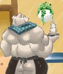  2013 anthro bear black_nose butt clothed clothing colored cute detailed_background fur huge_muscles inside light looking_at_viewer looking_back male mammal muscular muscular_male plant polar_bear rear_view schwartzgeist shaded shirokuma shirokuma_cafe solo toony topless white_fur 