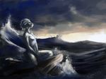  2016 anthro blue_eyes breasts featureless_breasts female fur grey_fur grey_hair hair jewelry kleur_(character) looking_away mammal marine navel necklace nude outside pinguinolog pinniped sea seal side_view sitting solo water whiskers 