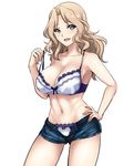  adjusting_bra adjusting_clothes blonde_hair blue_eyes bow bow_bra bow_panties bra breasts casual cleavage cowboy_shot denim denim_shorts girls_und_panzer hand_on_hip highres kay_(girls_und_panzer) koujun_(mugenzero) lace lace-trimmed_bra lace-trimmed_panties large_breasts long_hair looking_at_viewer navel no_shirt panties parted_lips short_shorts shorts simple_background smile solo spoken_blush standing strap_pull strap_slip underwear unzipped white_background 