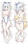  absurdres ass barefoot blue_eyes blush breasts competition_swimsuit dakimakura feet hair_ribbon highres keijo!!!!!!!! looking_at_viewer looking_back lying medium_breasts miyata_sayaka multiple_views nipples on_back on_stomach one-piece_swimsuit ren_san ribbon short_hair silver_hair swimsuit swimsuit_pull towel white_swimsuit yellow_towel 