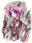  armor black_sclera blue_eyes carapace choujigen_game_neptune_mk2 claws corruption dark_persona demon_girl horns isaki_tanaka looking_at_viewer neptune_(series) pink_hair sharp_teeth shoulder_pads shoulder_spikes spikes symbol-shaped_pupils teeth traditional_media veins white_sister_ram 