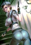  artist_name ass beret blue_eyes breasts brown_hair fingerless_gloves gloves gun handgun hat holding holding_gun holding_weapon jill_valentine large_breasts looking_at_viewer pants pantylines parted_lips pistol resident_evil sgk short_hair signature solo stairs tight tight_pants trefoil trigger_discipline weapon 