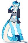  anthro blush clothed clothing ear_piercing fangs feline female mammal piercing pollo-chan simple_background smile solo standing teeth white_background wide_hips 