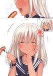  &gt;_&lt; :t absurdres anchor blonde_hair blush bracelet closed_eyes comic crop_top eating flower flying_sweatdrops food foodgasm fork go-1 hair_flower hair_ornament hand_on_own_cheek highres jewelry kantai_collection long_hair one-piece_tan open_mouth ro-500_(kantai_collection) sailor_collar sausage school_swimsuit swimsuit swimsuit_under_clothes tan tanline 