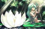  aqua_hair aqua_nails bad_id bad_pixiv_id brown_eyes bug butterfly flower forest hatsune_miku highres insect light lily_pad long_hair miturousoku nail_polish nature necktie open_mouth shirt sitting sleeveless sleeveless_shirt solo twintails very_long_hair vocaloid 