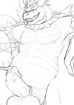  2016 anthro balls black_and_white bowser collar digital_drawing_(artwork) digital_media_(artwork) genital_piercing glans horn looking_down male mario_bros monochrome nintendo nude open_mouth penis penis_piercing piercing reptile scalie simple_background sketch slightly_chubby solo spiked_collar spikes teeth video_games white_background yaroul 