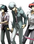  ahoge arms_behind_back bandage_over_one_eye bandaged_head bandages bangs black_hair danganronpa danganronpa/zero danganronpa_1 danganronpa_3 holding_sides katana kirigiri_jin looking_back looking_down loose_necktie male_focus matsuda_yasuke multiple_boys munakata_kyousuke necktie popped_collar purple_eyes ribbon shirt silver_hair simple_background sleeves_rolled_up spoilers sweatdrop swept_bangs sword torn_clothes untucked_shirt walking weapon white_background youko-shima 