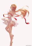  1girl ass barefoot blonde_hair fang kiss-shot_acerola-orion_heart-under-blade long_hair monogatari_(series) red_ribbon tagme yellow_eyes 