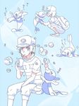  backpack bag baseball_cap bubble buntatta capri_pants commentary_request cup disposable_cup drinking gen_7_pokemon hat heart invisible_chair male_focus pants pokemon pokemon_(creature) pokemon_(game) pokemon_sm popplio shirt sitting squatting striped striped_shirt t-shirt you_(pokemon) 