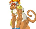  2014 armor athletic biceps big_muscles blue_eyes blue_markings cheek_tuft colored digital_drawing_(artwork) digital_media_(artwork) fire frown fur hair infernape long_tail looking_away male mammal markings monkey mostly_nude multicolored_fur muscular muscular_male nintendo no_pupils orange_fur pecs pok&eacute;mon primate quads schwartzgeist shaded side_view simple_background snout standing tuft two_tone_fur unconvincing_armor video_games white_background white_fur white_hair yellow_sclera 