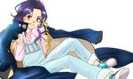  bad_id bad_pixiv_id chain coat highres jojo_no_kimyou_na_bouken miturousoku overalls oversized_clothes purple_hair runaway_girl_(jojo) sitting smile solo 