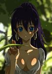  black_hair blue_eyes breasts earrings ganaha_hibiki highres hina_giantgirl idolmaster idolmaster_(classic) jewelry long_hair looking_at_viewer parted_lips ponytail small_breasts solo 