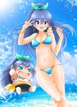  animal bikini black_hair blue_bikini blue_eyes bracelet chibi chibiki day earrings eva_16-gouki fang ganaha_hibiki hamster hamuzou high_ponytail highres hoop_earrings idolmaster idolmaster_(classic) jewelry long_hair multiple_girls ponytail puchimasu! running splashing striped striped_bikini swimsuit v_over_eye 