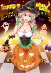  animal_ears bare_shoulders blush breasts bridal_gauntlets cat_ears cat_tail cleavage fang ganari_ryuu gloves green_eyes halloween halloween_costume happy_halloween hat headphones headset highres jack-o'-lantern large_breasts long_hair looking_at_viewer open_mouth original pink_hair pumpkin_skirt smile solo super_tama_musume tail tamatoys witch_hat 