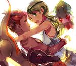  1girl apron armpits bare_shoulders dark_skin flower fomantis gen_7_pokemon green_eyes green_hair hair_flower hair_ornament highres hug kaki_(pokemon) kash-phia long_hair looking_at_viewer mao_(pokemon) multicolored_hair pokemon pokemon_(creature) pokemon_(game) pokemon_sm salandit smile trial_captain twintails two-tone_hair upper_body white_background 