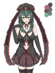  bare_shoulders black_gloves black_legwear breasts center_opening choker collarbone color_guide elbow_gloves front_ponytail gloves green_eyes green_hair hair_ribbon kagiyama_hina kuroba_rapid large_breasts miniskirt navel ribbon skirt solo thighhighs touhou zettai_ryouiki 