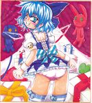  ass blue_eyes blue_hair blush bow cirno dress dress_lift from_behind grin hair_bow ice ice_wings izayoi_gekka panties puffy_short_sleeves puffy_sleeves shikishi short_dress short_sleeves smile solo striped striped_legwear stuffed_animal stuffed_bunny stuffed_dog stuffed_toy teeth thighhighs touhou traditional_media underwear wings wrist_cuffs 