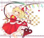  ascot blonde_hair checkered checkered_background cowboy_shot crystal eyebrows eyebrows_visible_through_hair flandre_scarlet frilled_shirt_collar frilled_skirt frills hair_ribbon hat hat_ribbon heart konnyaku_(yuukachan_51) laevatein leg_up mary_janes puffy_short_sleeves puffy_sleeves red_eyes red_footwear red_ribbon red_skirt red_vest ribbon sash shoes short_sleeves side_ponytail skirt smile solo touhou vest white_background white_hat white_legwear wings wrist_cuffs 
