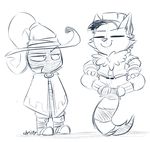  2016 4_fingers anthro belt big_eyes big_head big_tail black_and_white boots cape cheek_tuft clothed clothing cute digital_drawing_(artwork) digital_media_(artwork) duo eyebrows eyes_closed fluffy fluffy_tail footwear front_view fur gloves half-closed_eyes hat head_tuft hidden_face humanoid_hands inner_ear_fluff jacket league_of_legends long_tail magic_user male mammal monochrome mouthless noseless pants riot_games robes romantic_couple shirt signature simple_background sketch standing teemo_(lol) toony tuft veigar veigar-chan video_games white_background wizard_hat yordle 