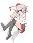  animal_ears bare_shoulders black_legwear chikaiki detached_sleeves hat inubashiri_momiji miniskirt over-kneehighs pom_pom_(clothes) red_eyes short_hair silver_hair skirt solo tail thighhighs tokin_hat touhou wide_sleeves wolf_ears wolf_tail 