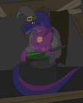  amber_eyes amulet areola blue_scales breasts clothing dragon female hat liquid looking_at_viewer magic_user nipples purple_scales scales scalie spines tarkeng_(artist) tongue witch wood 