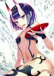 alcohol breasts character_name cleavage cup el-zheng fate/grand_order fate_(series) horns impossible_clothes looking_at_viewer navel oni oni_horns pouring purple_hair revealing_clothes sakazuki sake shuten_douji_(fate/grand_order) small_breasts solo 