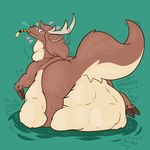  &lt;3 ambiguous_gender antlers belly big_belly black_nose brown_fur butt cervine deer featureless_crotch feral fluffy fluffy_tail fur green_background horn huff looking_at_viewer mammal oral_vore overweight simple_background smile solo_focus tiut tongue vore weight_gain 