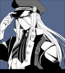  adjusting_clothes adjusting_hat belt blue_background gloves hat high_collar idolmaster idolmaster_side-m koron_chris long_hair looking_at_viewer male_focus monochrome peaked_cap simple_background skk smile solo upper_body 