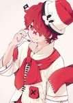  asymmetrical_clothes fukase grey_background hair_over_one_eye hat head_flag looking_at_viewer male_focus microphone mini_flag motitoy popped_collar red_eyes red_hair scar simple_background smile solo top_hat vocaloid 