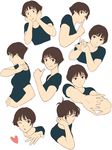  arm_up blush brown_eyes brown_hair fingers_together gake_no_ue_no_ponyo hand_on_own_face hand_on_own_shoulder hands_on_own_face highres jas lisa_(ponyo) multiple_views one_eye_closed shirt short_hair t-shirt thumbs_up upper_body white_background 