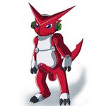  2016 anthro balls blue_eyes digimon dragon erection hi_res lusarthel male partially_retracted_foreskin penis presenting shoutmon simple_background smile solo spikes teeth uncut white_background 