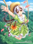  arm_up brown_eyes brown_hair dress fan hat multicolored_hair nightcat petals plaid plaid_dress ponytail sandals short_sleeves silver_hair smile solo swing tenka_touitsu_chronicle two-tone_hair 