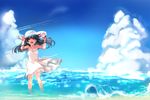  bad_id bad_pixiv_id black_hair blue_sky breasts brown_eyes cleavage cloud day dress hands_on_headwear hat long_hair marine_day medium_breasts miturousoku ocean open_mouth original sky smile solo standing sun_hat wading water white_dress wind 